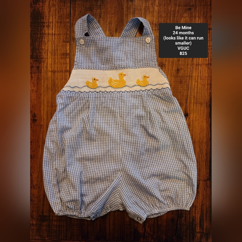 BE MINE SMOCKED ROMPER, 24 months, Blue and white